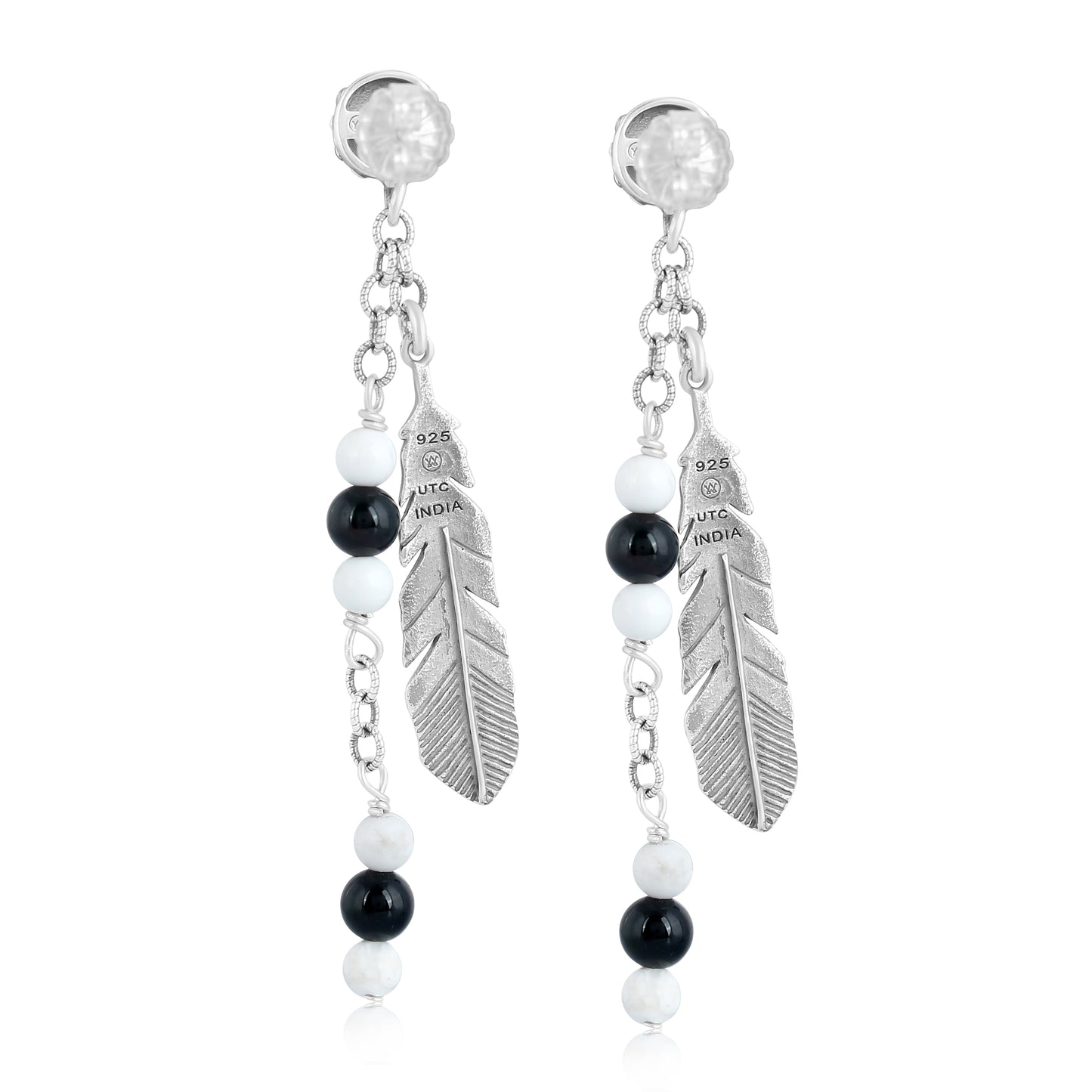 EXCLUSIVELY OURS! Sterling Silver with Black Agate and White Howlite Gemstone Feather Design Drop and Dangle Earrings