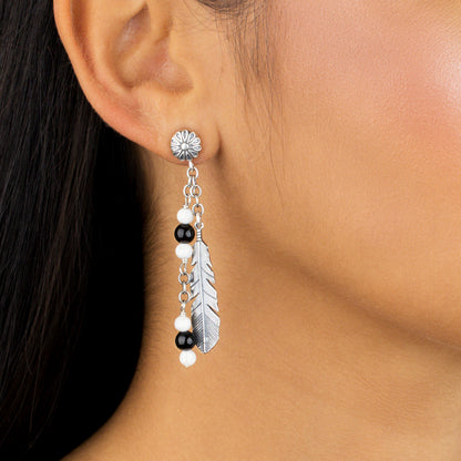 EXCLUSIVELY OURS! Sterling Silver with Black Agate and White Howlite Gemstone Feather Design Drop and Dangle Earrings