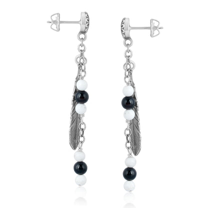 EXCLUSIVELY OURS! Sterling Silver with Black Agate and White Howlite Gemstone Feather Design Drop and Dangle Earrings