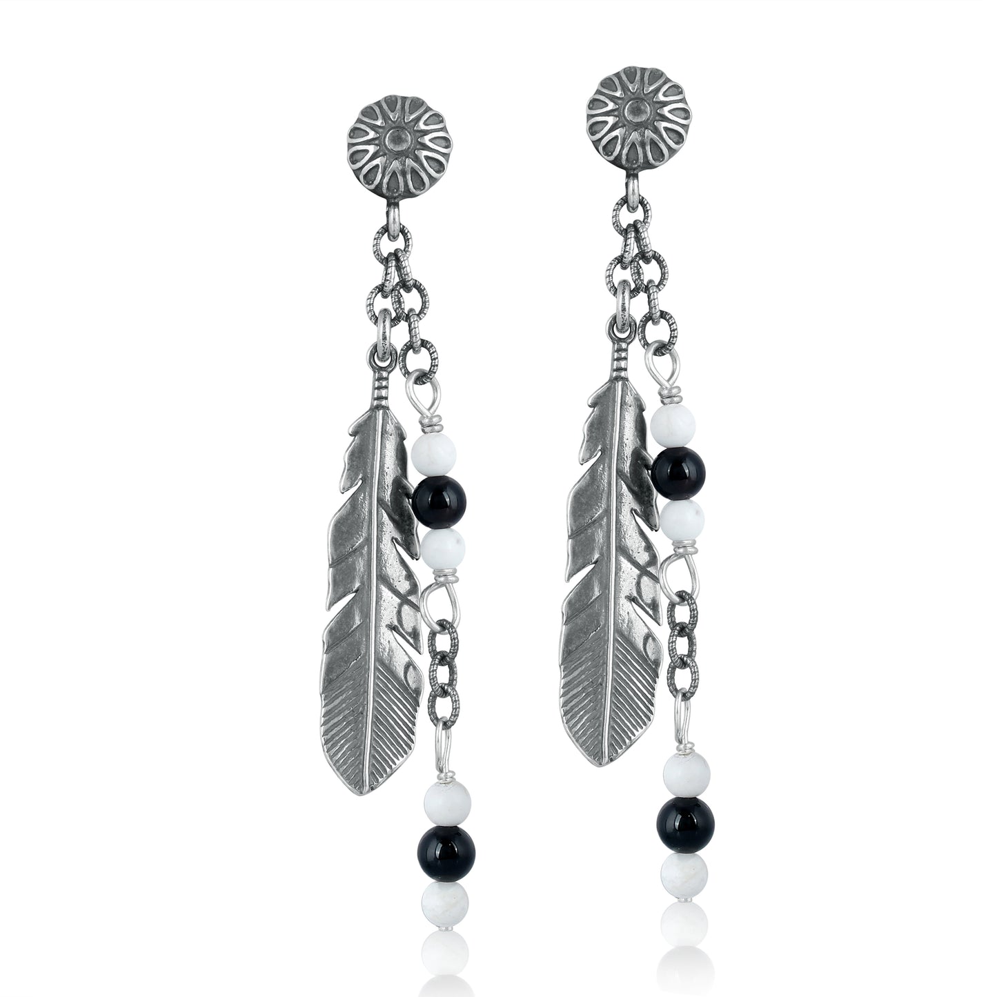 EXCLUSIVELY OURS! Sterling Silver with Black Agate and White Howlite Gemstone Feather Design Drop and Dangle Earrings