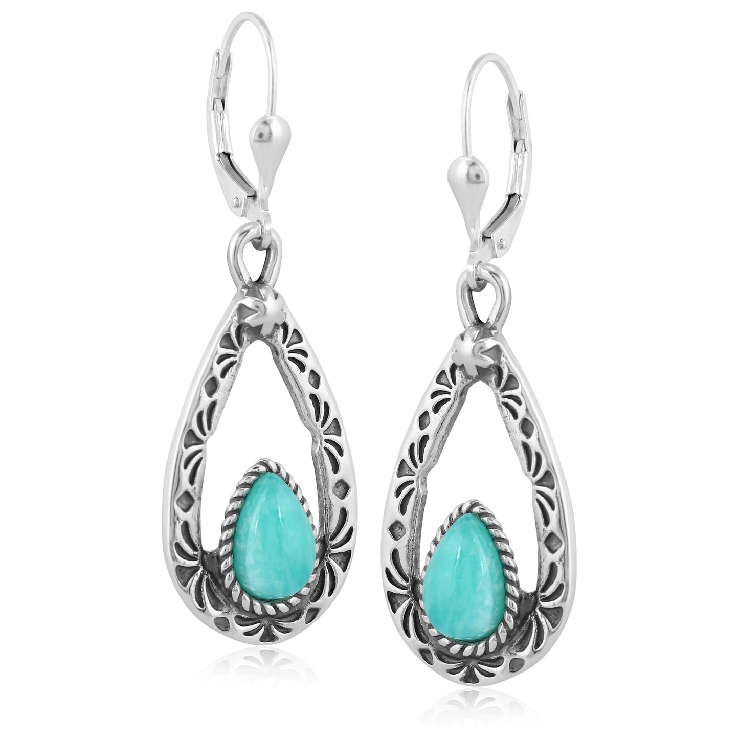Southwestern Sterling Silver with Pear Shaped Amazonite Gemstone Drop and Dangle Earrings