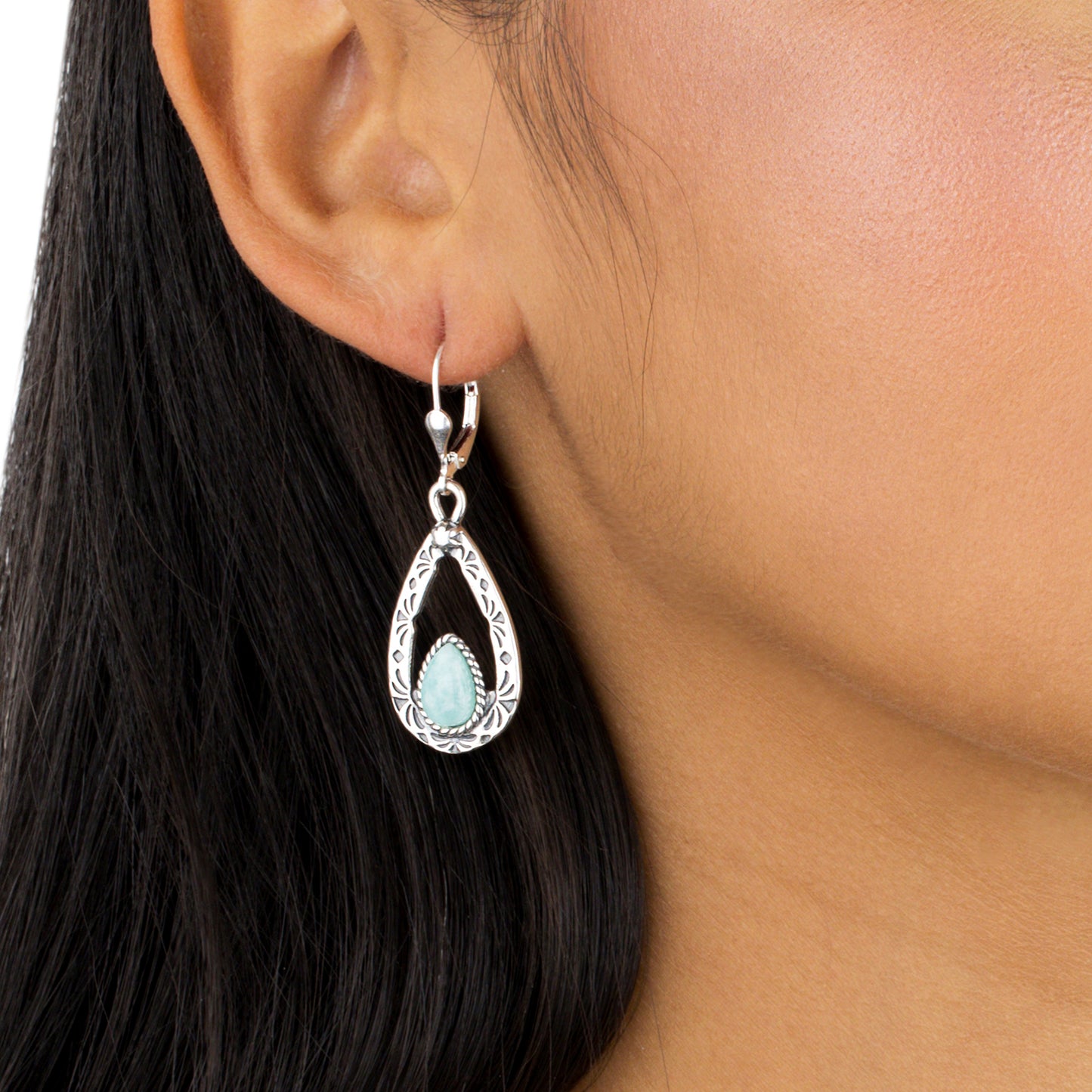 Sterling Silver Pear Shaped Amazonite Drop and Dangle Earrings