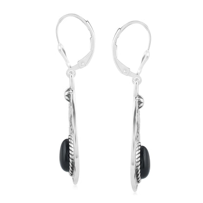 Sterling Silver with Pear Shaped Black Agate Gemstone Drop and Dangle Earrings