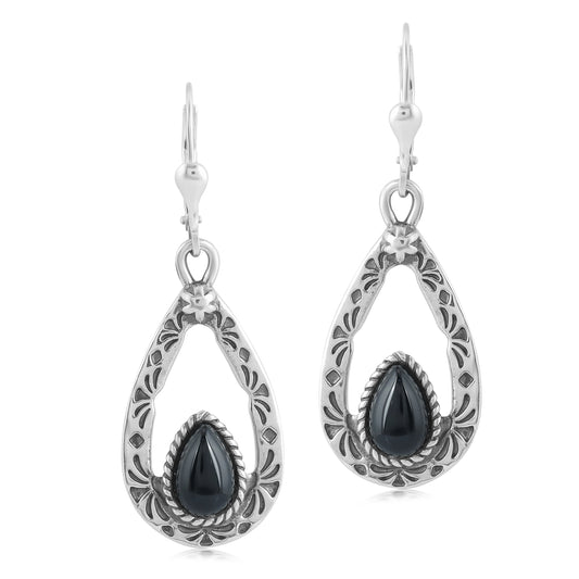 Sterling Silver with Pear Shaped Black Agate Gemstone Drop and Dangle Earrings
