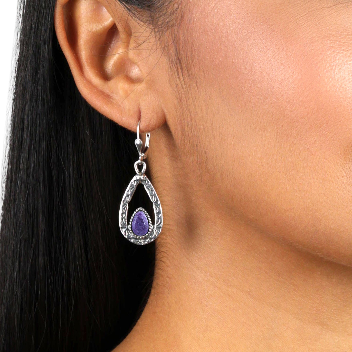 EXCLUSIVELY OURS! Sterling Silver Charoite Open Teardrop Dangle Earrings