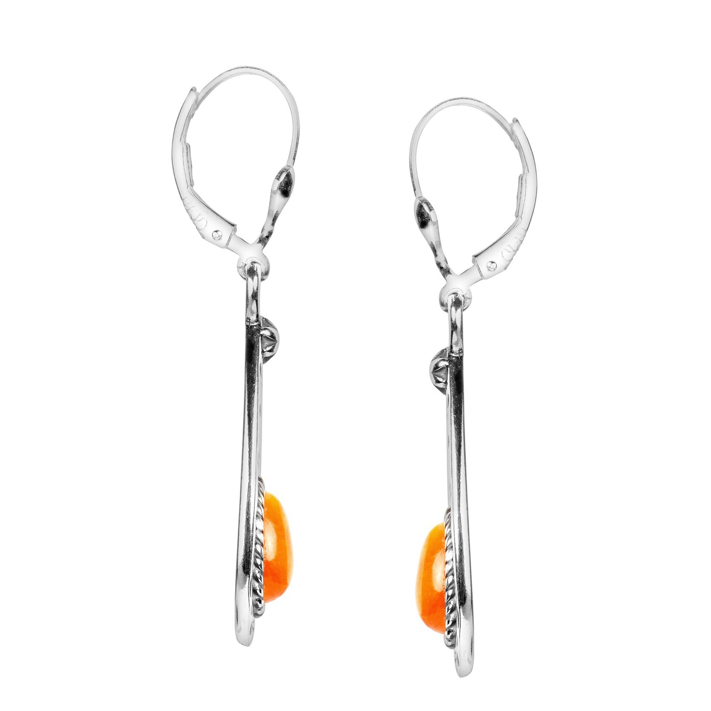 Sterling Silver Orange Spiny Oyster Shell Gemstone Teardrop Dangle Earrings