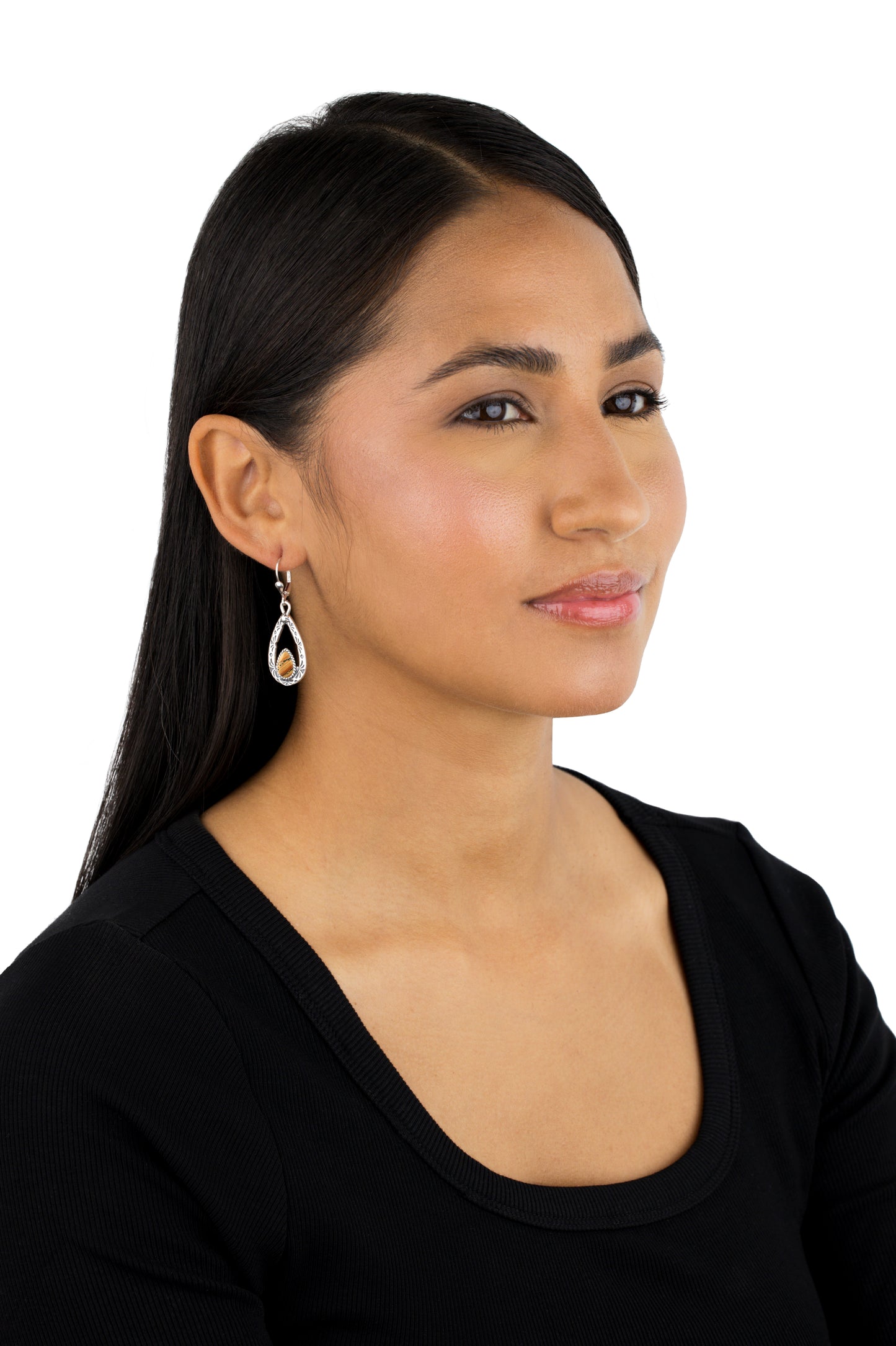 Sterling Silver Picture Jasper Gemstone Open Teardrop Dangle Earrings