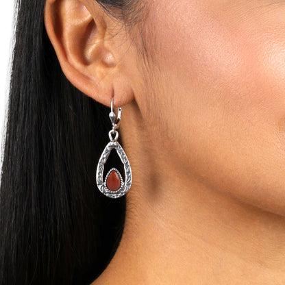 EXCLUSIVELY OURS! Sterling Silver Red Onyx Gemstone Open Teardrop Dangle Earrings