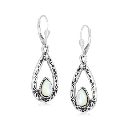 Sterling Silver with Pear Shaped White Mother of Pearl Gemstone Drop and Dangle Earrings