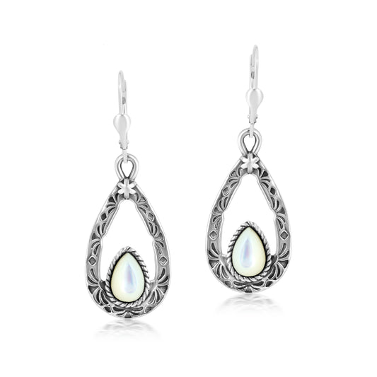 Sterling Silver with Pear Shaped White Mother of Pearl Gemstone Drop and Dangle Earrings