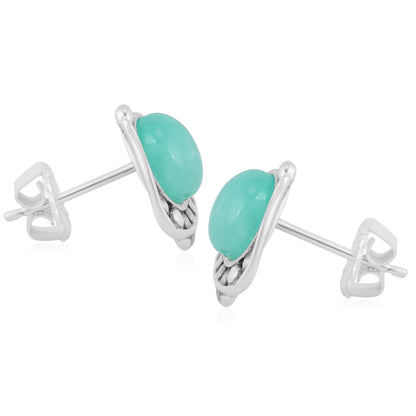 Sterling Silver Amazonite Gemstone Leaf Design Women's Button Earrings