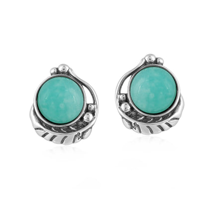 Sterling Silver Amazonite Gemstone Leaf Design Women's Button Earrings