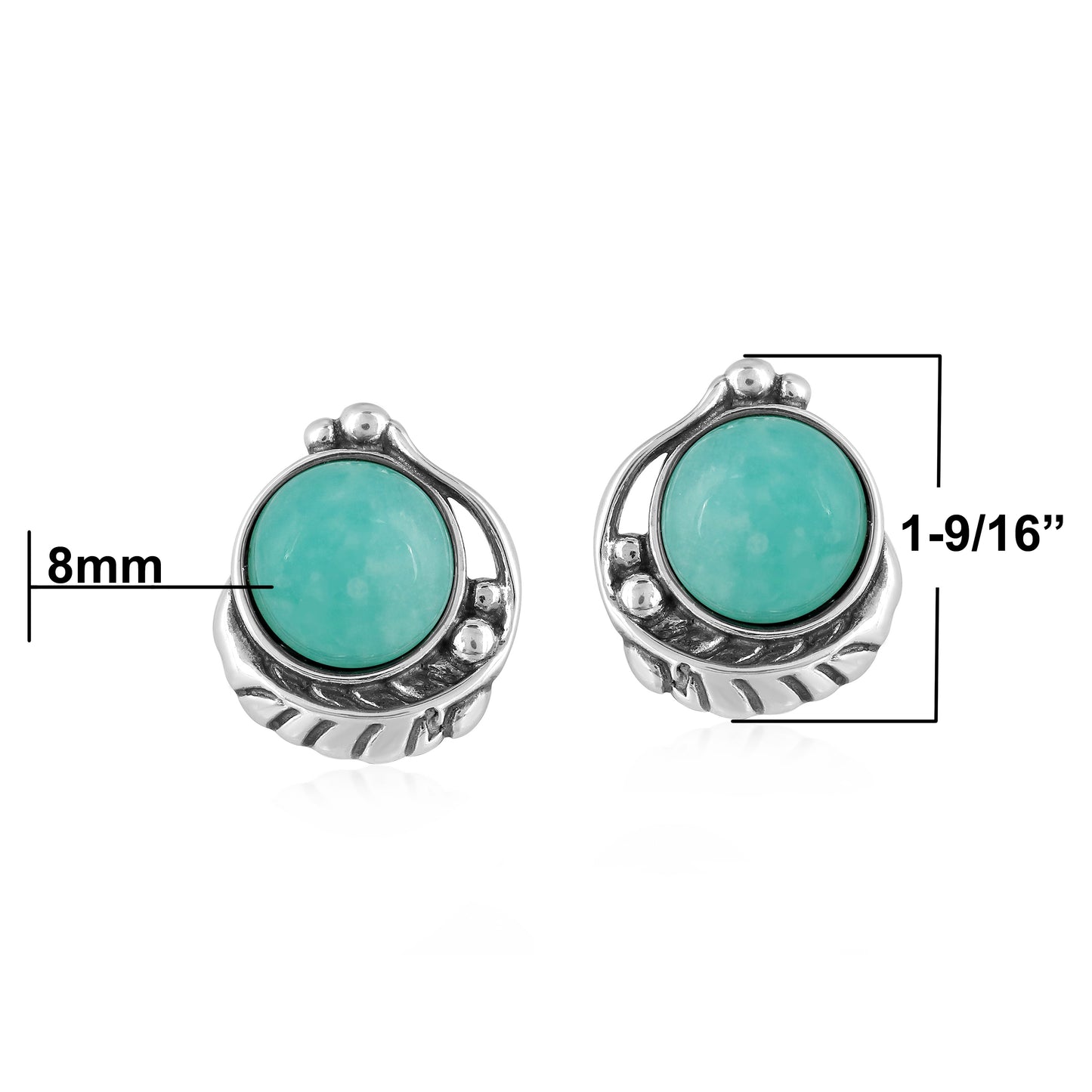 Southwestern Sterling Silver with Amazonite Gemstone Leaf Design Women's Button Earrings