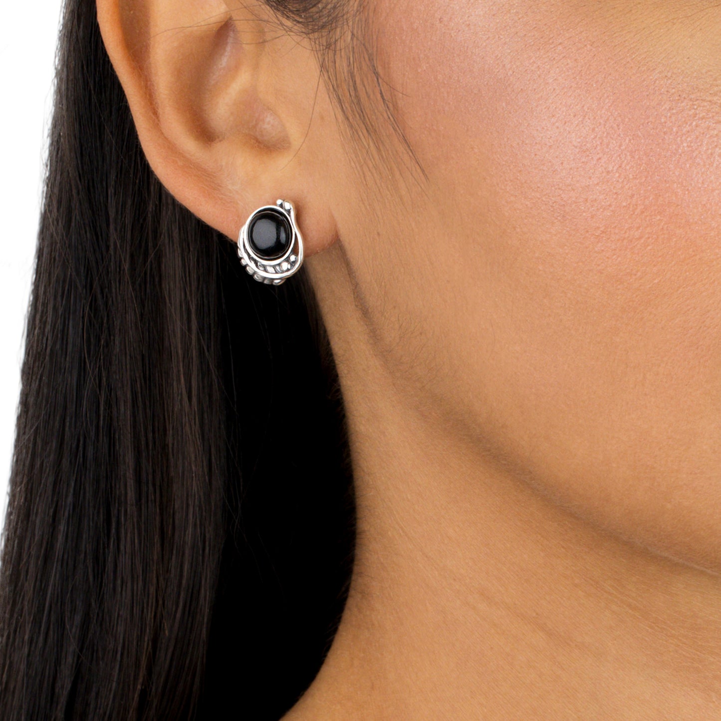 Sterling Silver Black Onyx Leaf Design Button Earrings