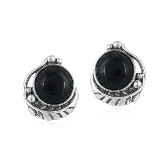 Sterling Silver with Black Agate Gemstone Leaf Design Women's Button Earrings