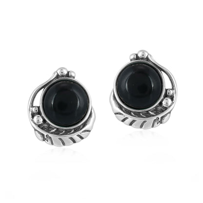 EXCLUSIVELY OURS! Sterling Silver with Black Agate Gemstone Leaf Design Women's Button Earrings