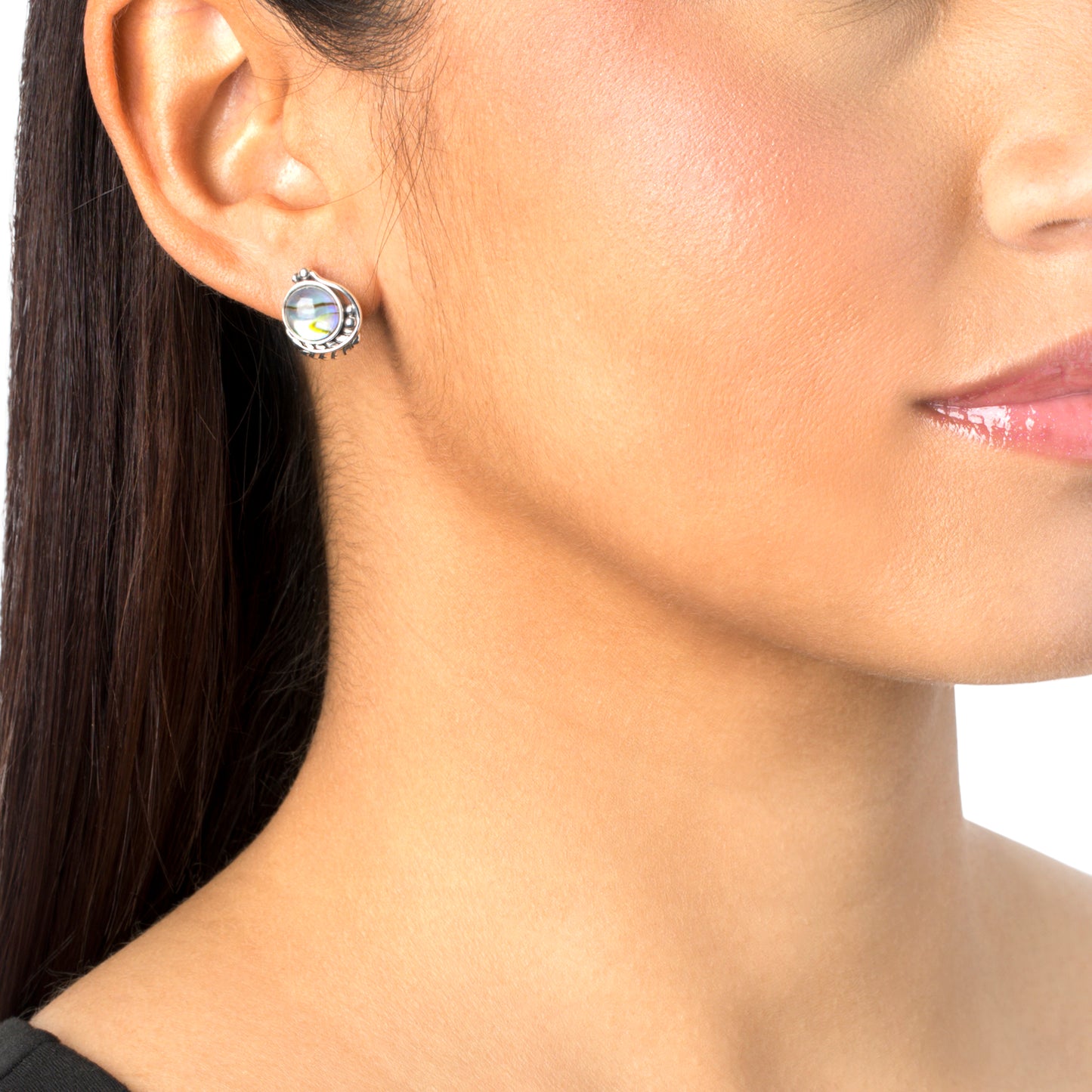 Sterling Silver Abalone Shell Leaf Design Button Earrings