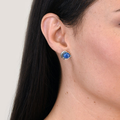 Sterling Silver Blue Denim Lapis Gemstone Leaf Button Earrings