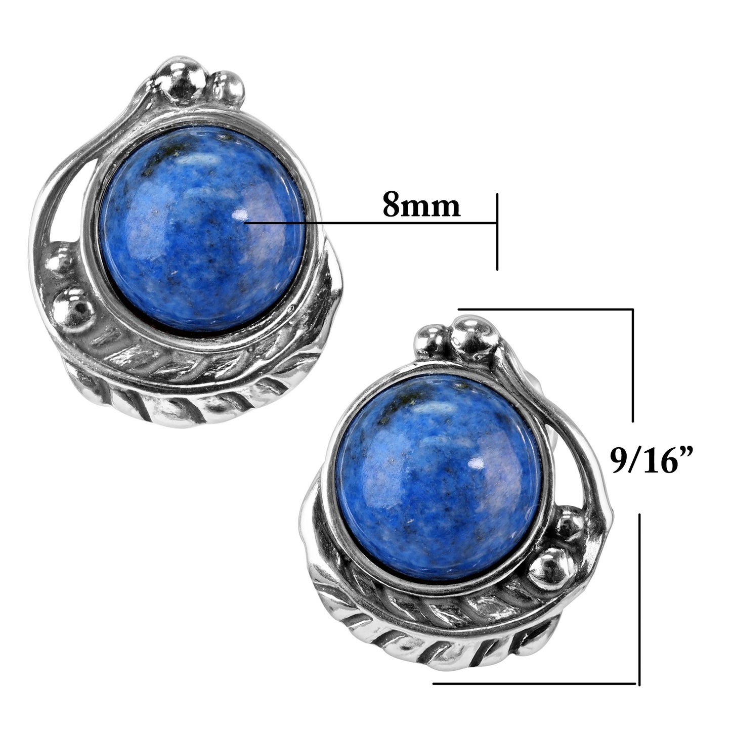 Sterling Silver Women's Button Earrings Blue Lapis Gemstone Leaf Design