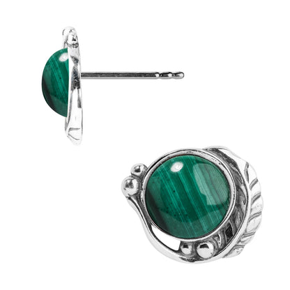 Sterling Silver Women's Button Earrings Green Malachite Gemstone Leaf Design