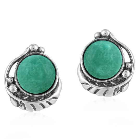EXCLUSIVELY OURS! Sterling Silver Green Turquoise Leaf Design Button Earrings