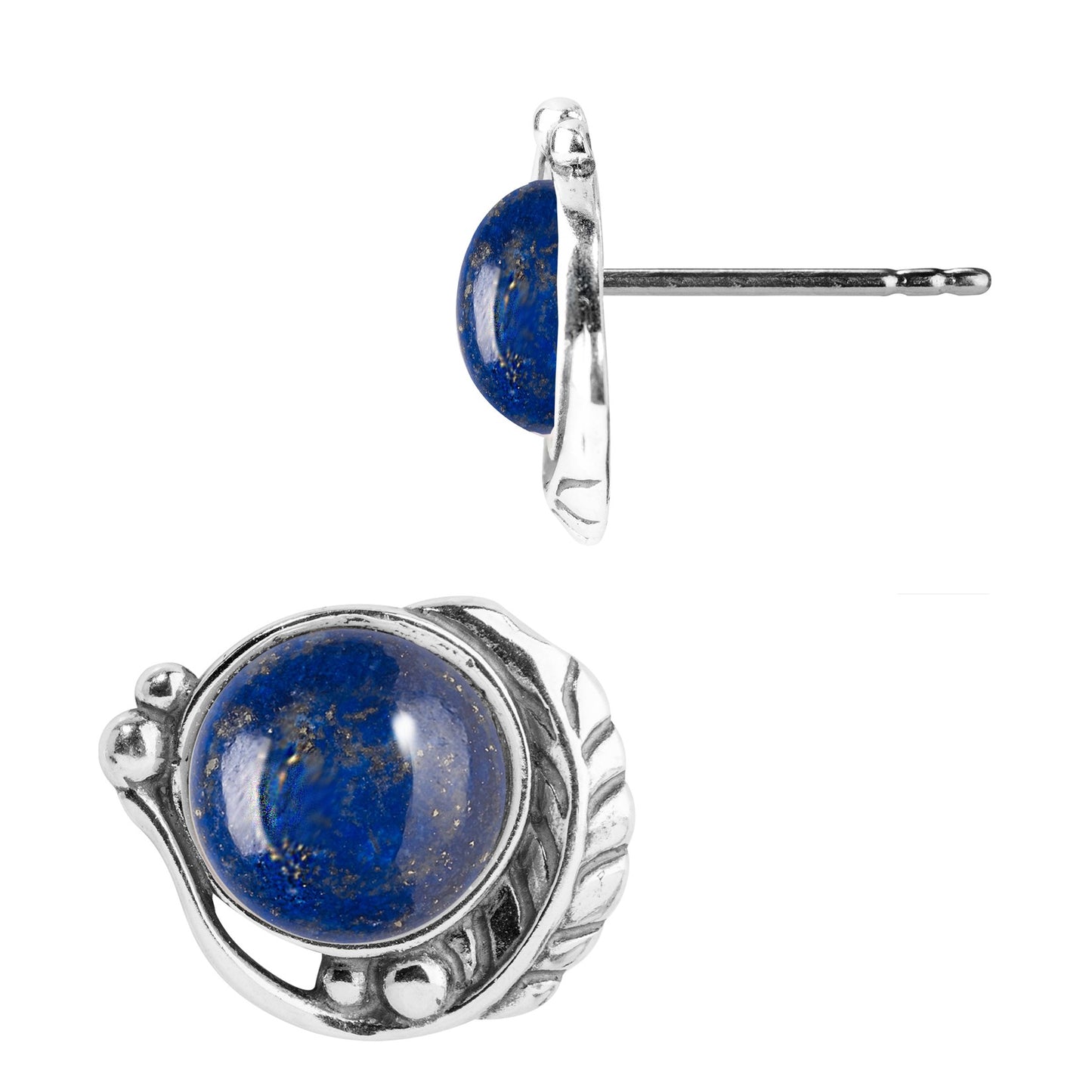 Sterling Silver Women's Button Earrings Blue Lapis Gemstone Leaf Design