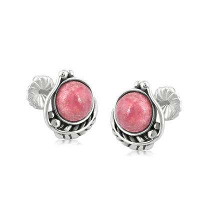 Sterling Silver Rhodonite Gemstone Leaf Design Women's Button Earrings