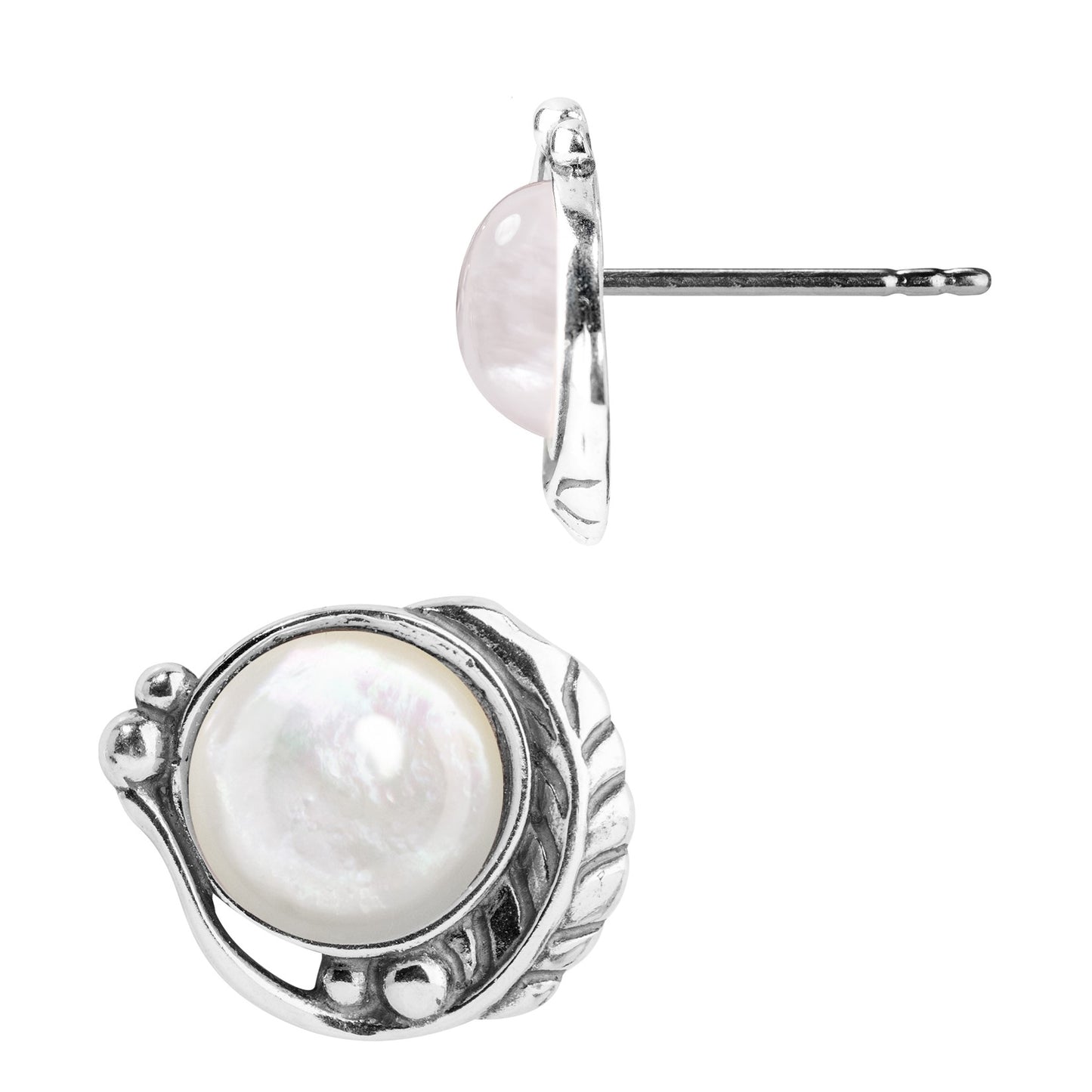 Sterling Silver White Mother of Pearl Gemstone Leaf Button Earrings