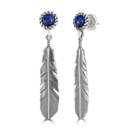 Sterling Silver Feather & Lapis Lazuli Dangle Earrings