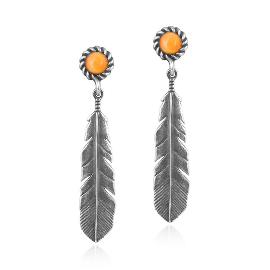 Sterling Silver Feather & Orange Spiny Oyster Earrings
