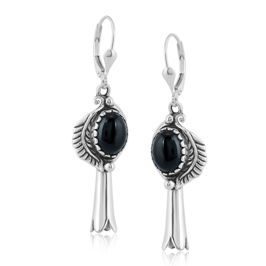 Sterling Silver with Black Agate Gemstone Leaf and Squash Blossom Design Women's Drop and Dangle Earrings