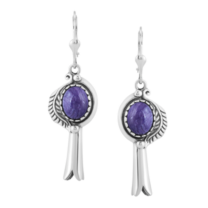 EXCLUSIVELY OURS! Sterling Silver Charoite Leaf and Squash Blossom Design Dangle Earrings