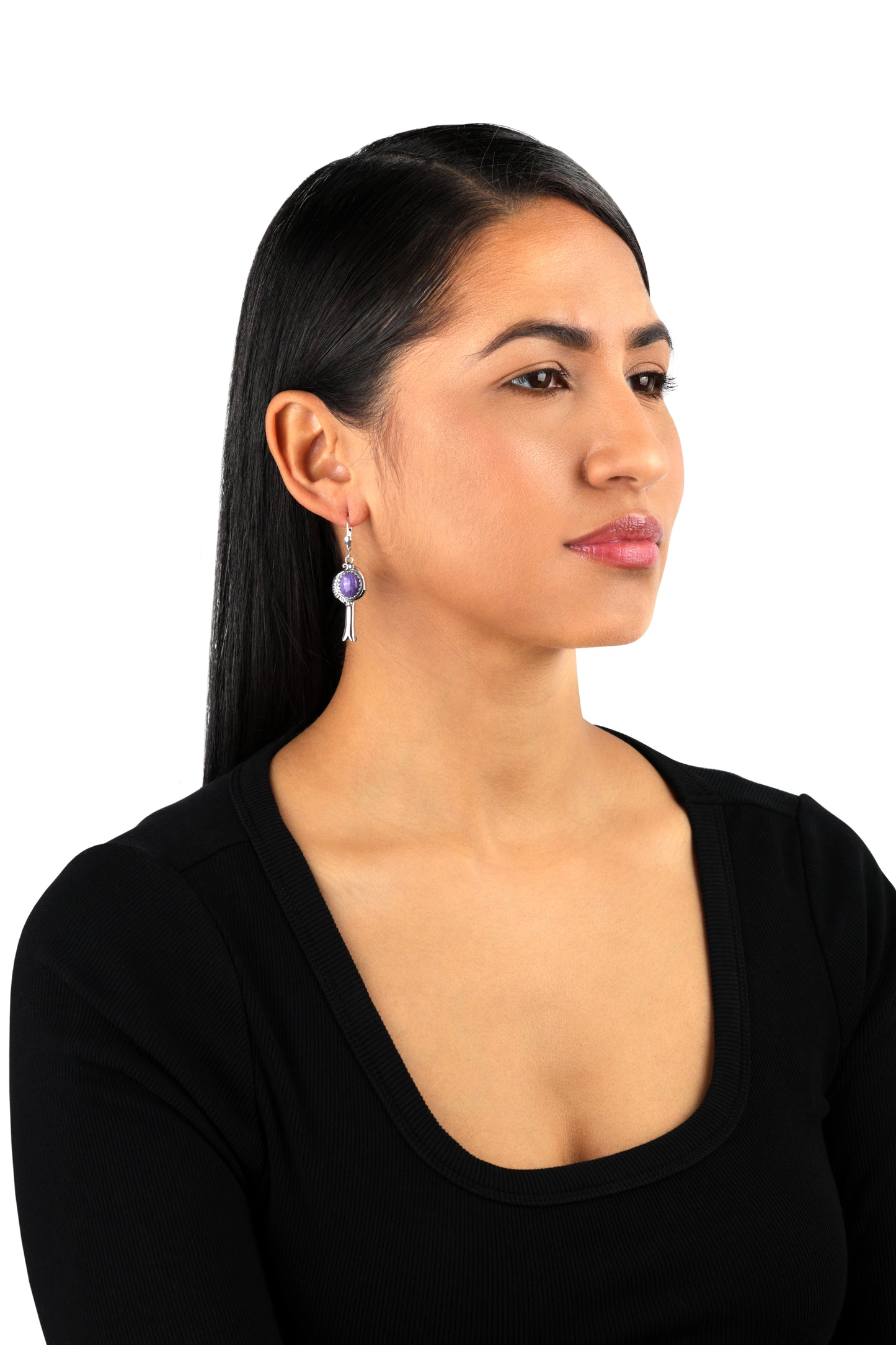 EXCLUSIVELY OURS! Sterling Silver Charoite Leaf and Squash Blossom Design Dangle Earrings