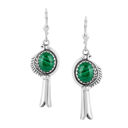 EXCLUSIVELY OURS! Sterling Silver Malachite Leaf and Squash Blossom Design Dangle Earrings