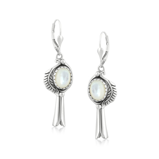 EXCLUSIVELY OURS! Sterling Silver with White Mother of Pearl Gemstone Leaf and Squash Blossom Design Women's Drop and Dangle Earrings