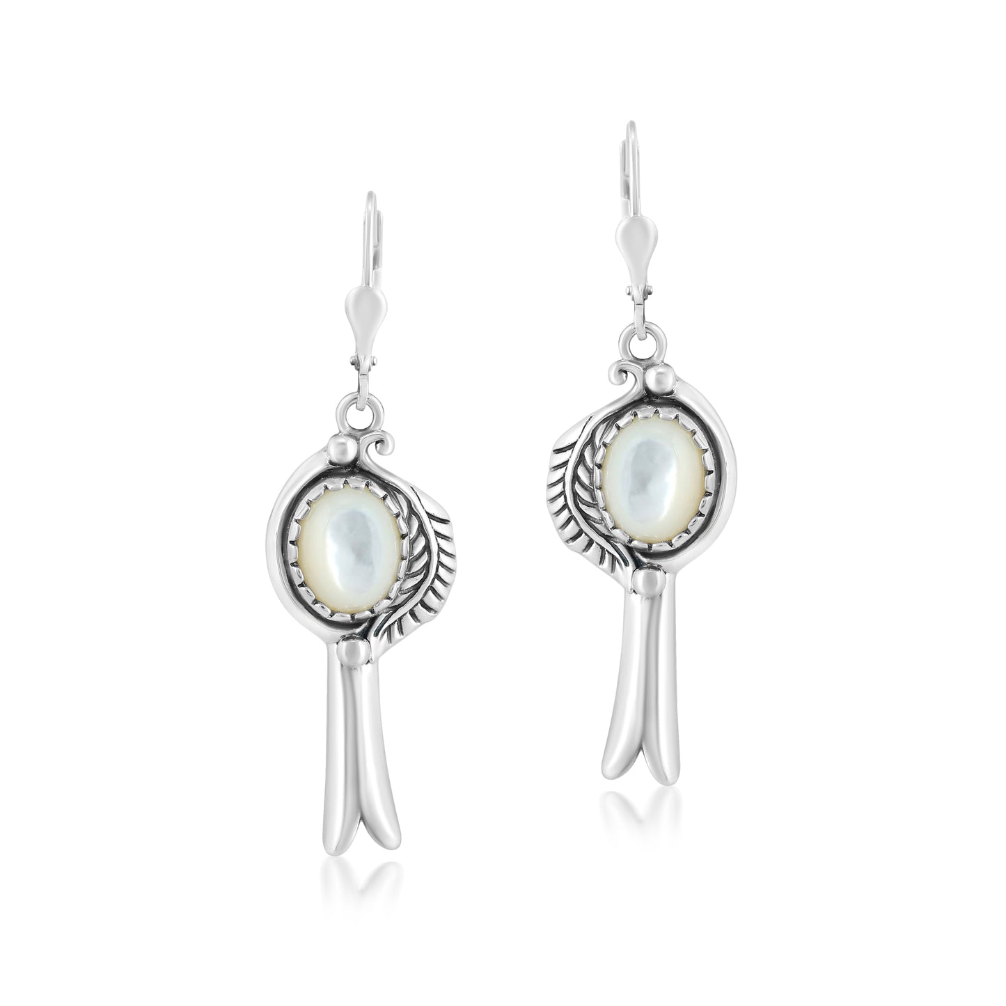 Sterling Silver with White Mother of Pearl Gemstone Leaf and Squash Blossom Design Women's Drop and Dangle Earrings