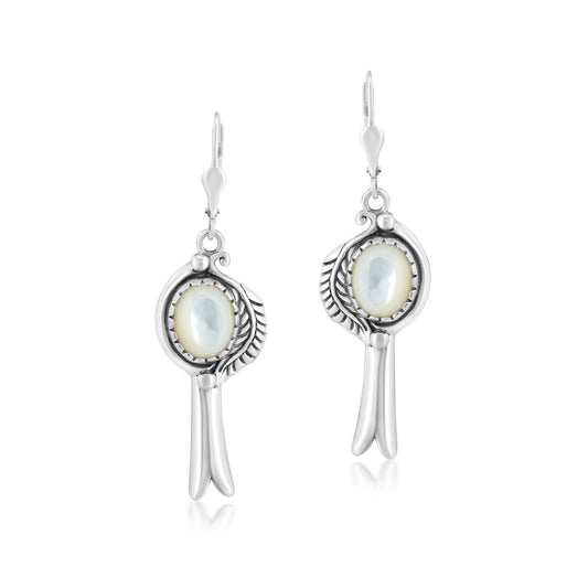 EXCLUSIVELY OURS! Sterling Silver with White Mother of Pearl Gemstone Leaf and Squash Blossom Design Women's Drop and Dangle Earrings