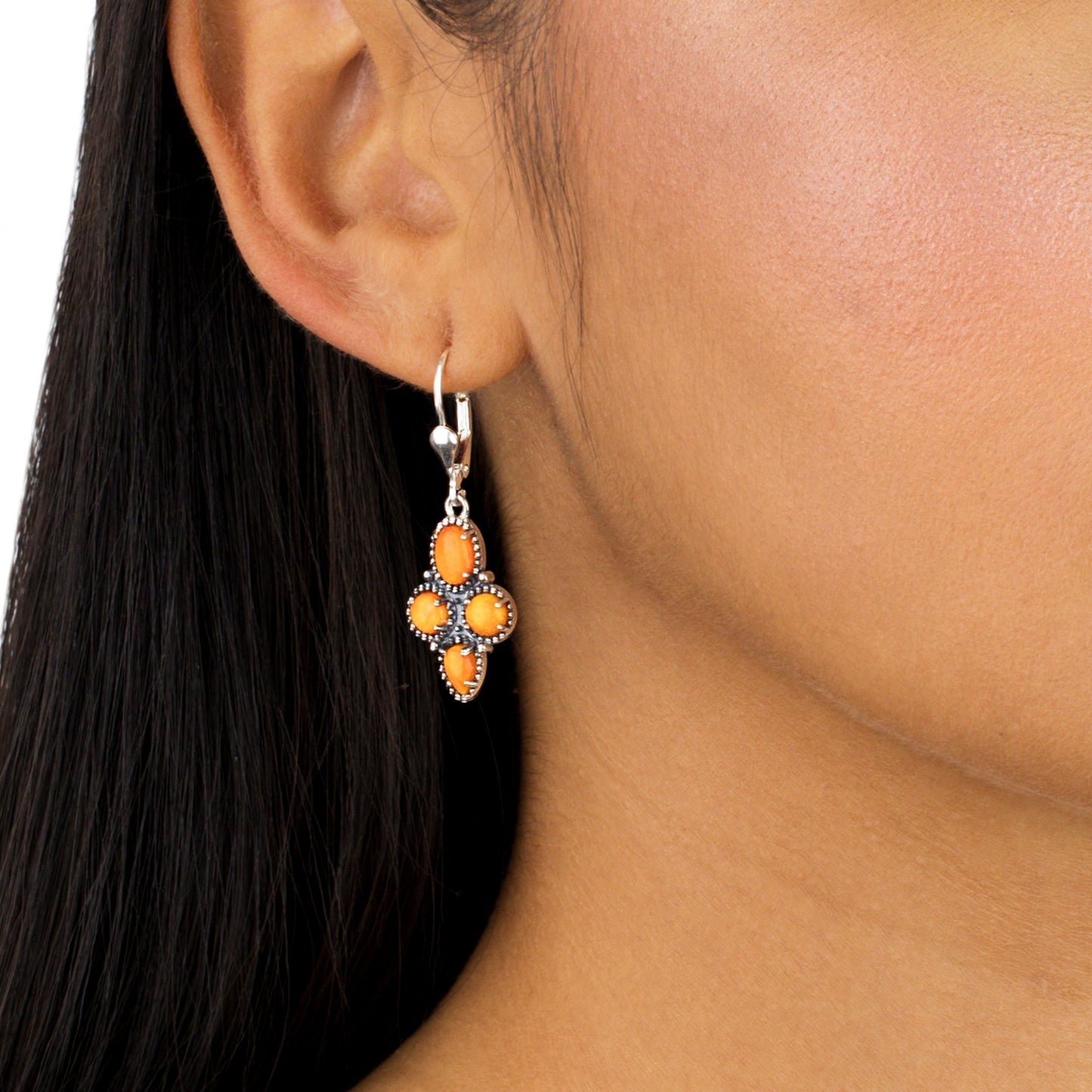 Genuine Orange Spiny Oyster Sterling Silver Lever Back Earrings