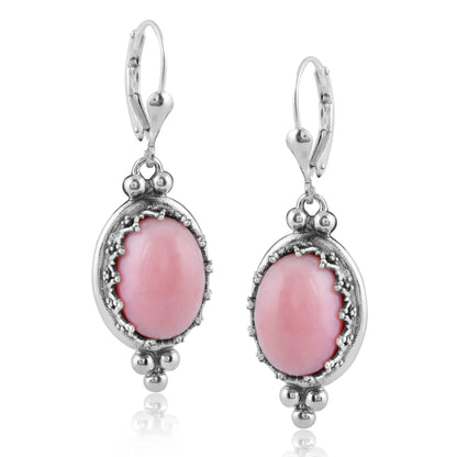 Sterling Silver Pink Opal Crown Detail Lever Back Earrings