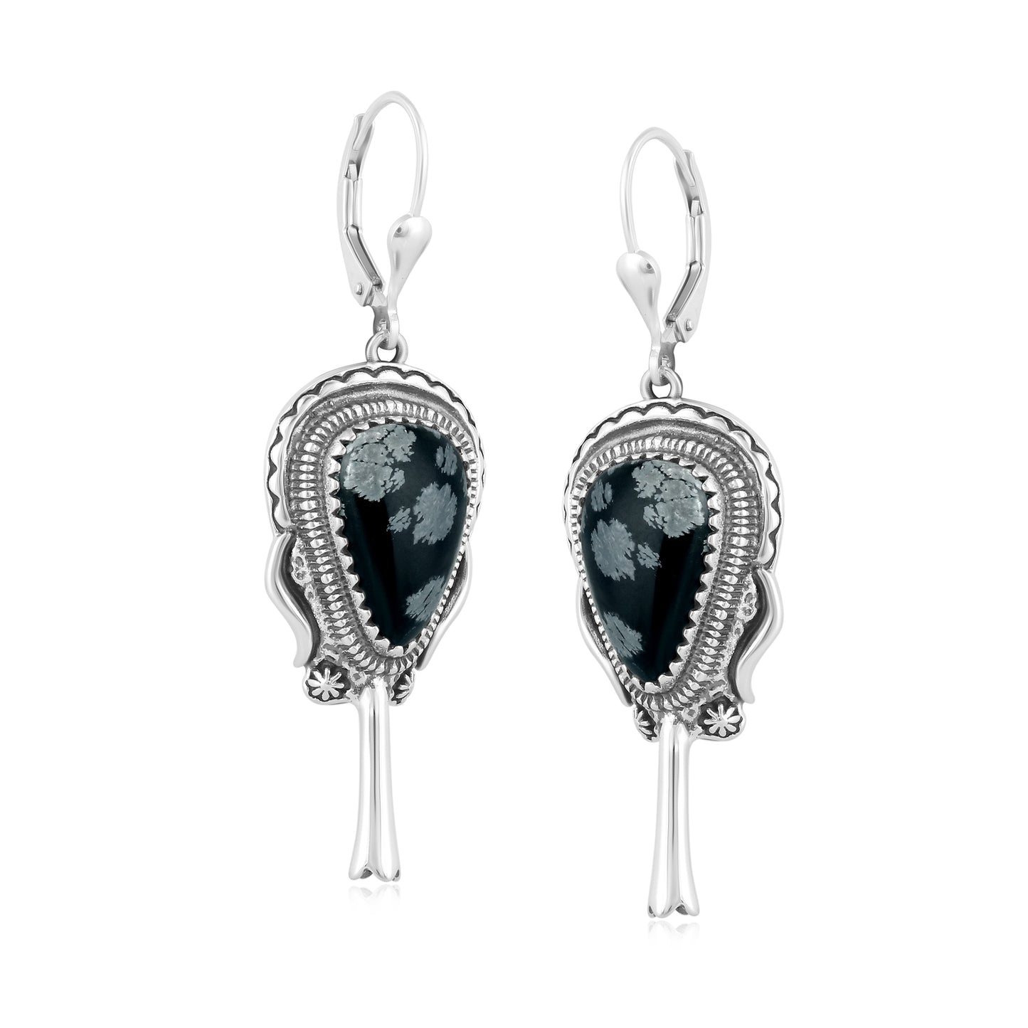 Sterling Silver Snowflake Obsidian Squash Blossom Dangle Earrings