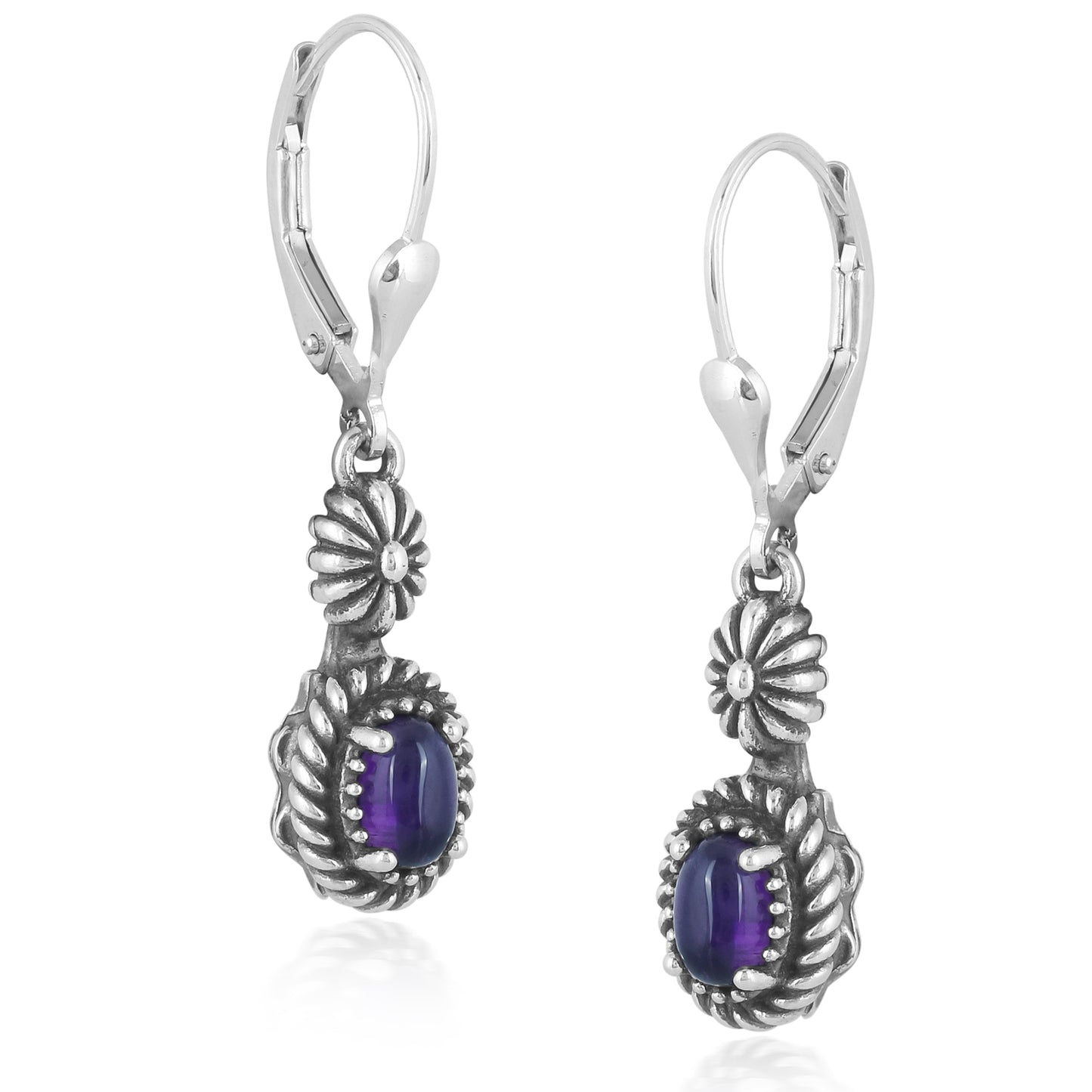 Sterling Silver with Amethyst Gemstone Rope and Flower Design Dangle Earrings