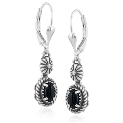 Sterling Silver with Black Agate Gemstone Floral and Rope Design Women's Drop and Dangle Earrings