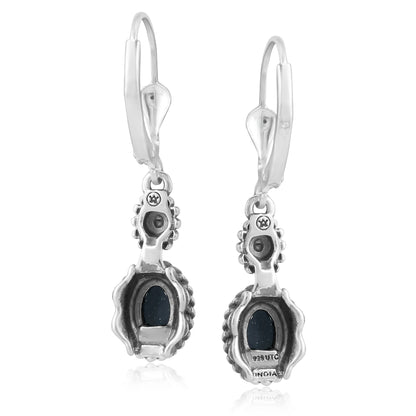 Sterling Silver with Black Agate Gemstone Floral and Rope Design Women's Drop and Dangle Earrings