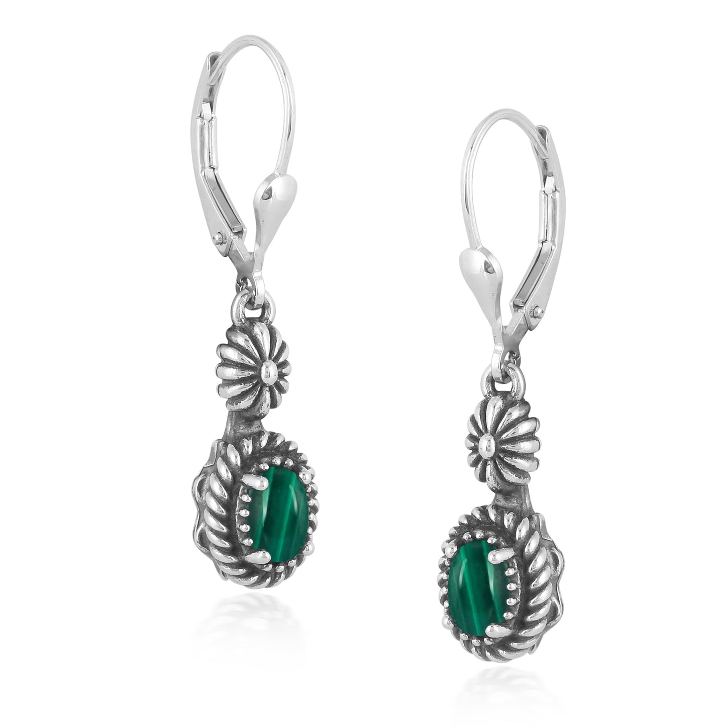 Sterling Silver with Green Malachite Gemstone Rope and Flower Design Dangle Earrings