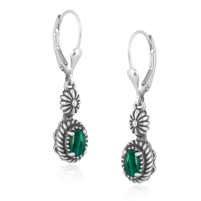 Sterling Silver with Green Malachite Gemstone Rope and Flower Design Dangle Earrings