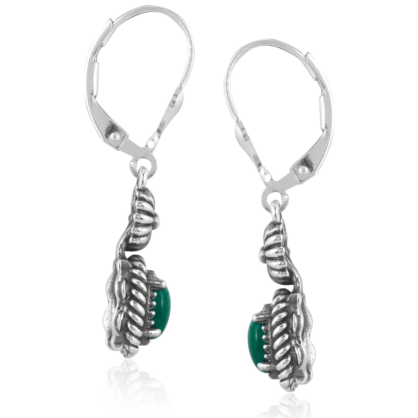Sterling Silver with Green Malachite Gemstone Rope and Flower Design Dangle Earrings