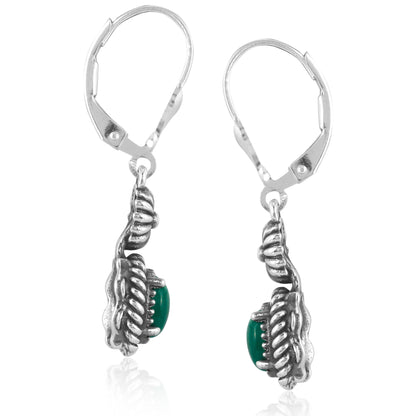 Sterling Silver with Green Malachite Gemstone Rope and Flower Design Dangle Earrings