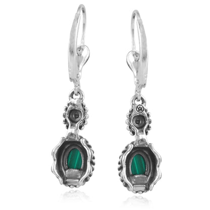 Sterling Silver with Green Malachite Gemstone Rope and Flower Design Dangle Earrings