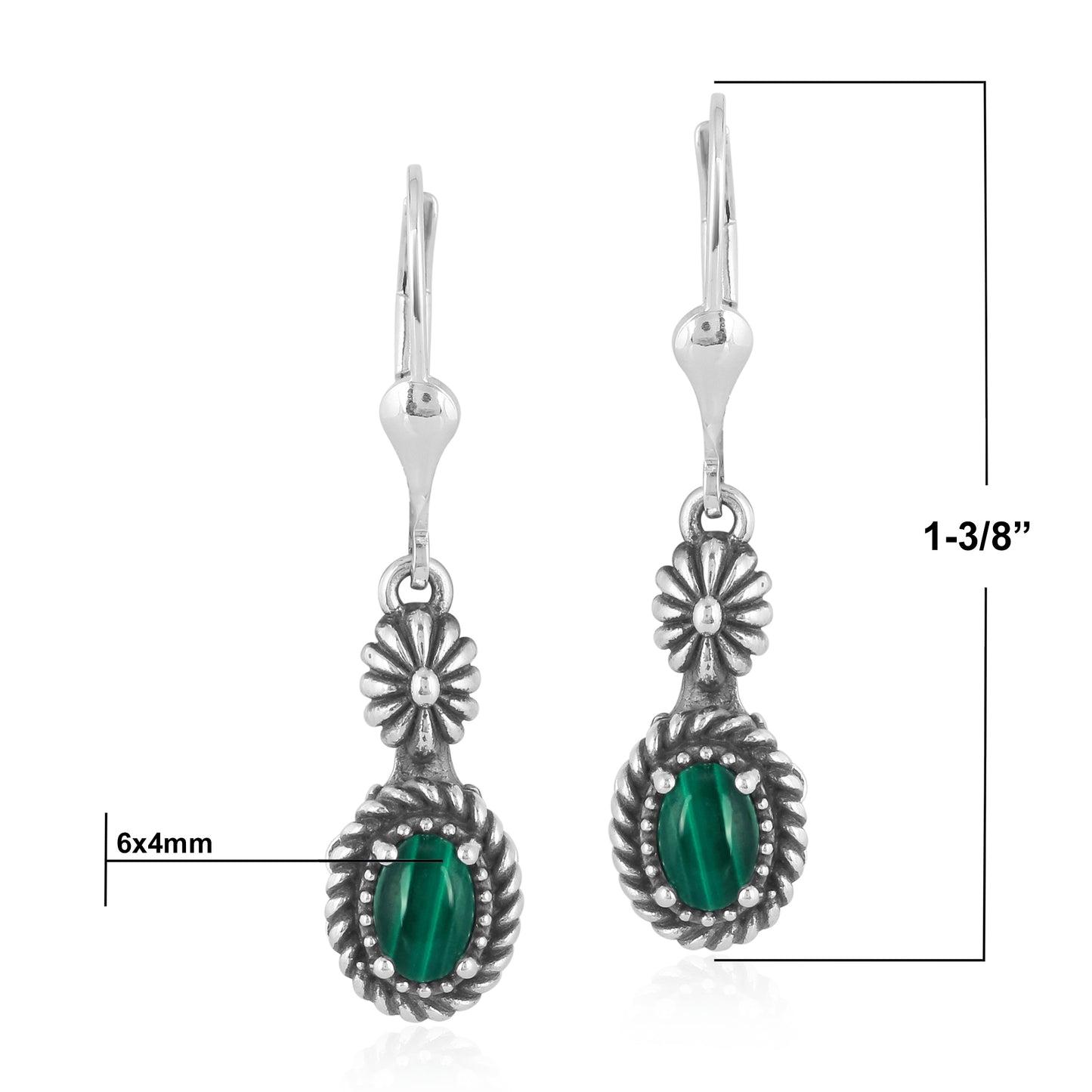 Sterling Silver with Green Malachite Gemstone Rope and Flower Design Dangle Earrings
