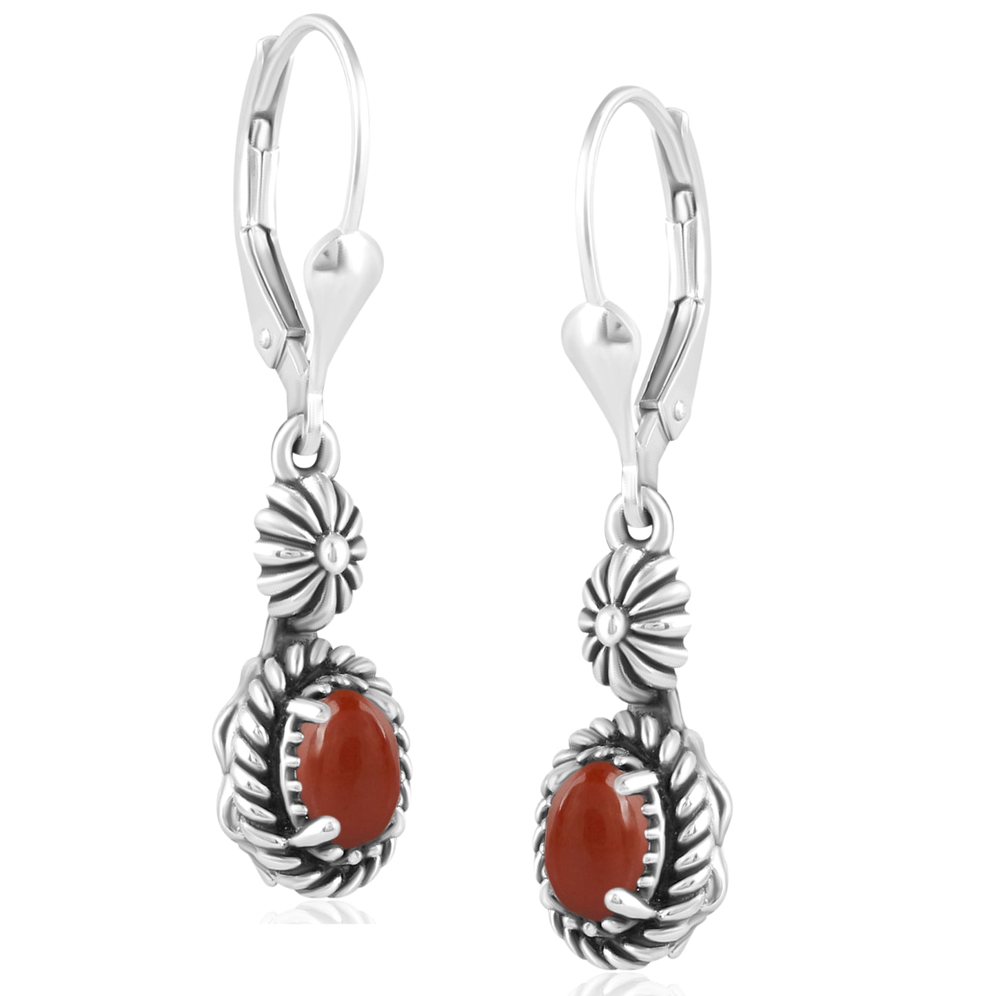 EXCLUSIVELY OURS! Sterling Silver Red Onyx Floral and Rope Design Dangle Earrings